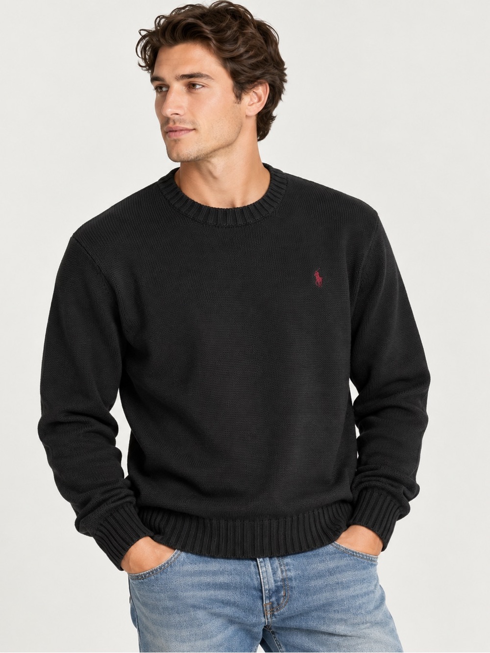 Polo by Ralph Lauren Black Crewneck Cotton Sweater with Maroon Pony